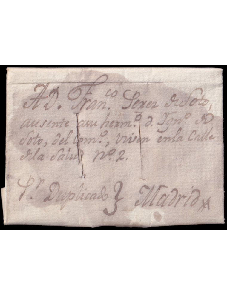 1834 (30 ABR) Lanzarote a Madrid. Sin marcas postales. Mns. “Por Duplicado”. Dos cortes paralelos de desinfección y manchas por