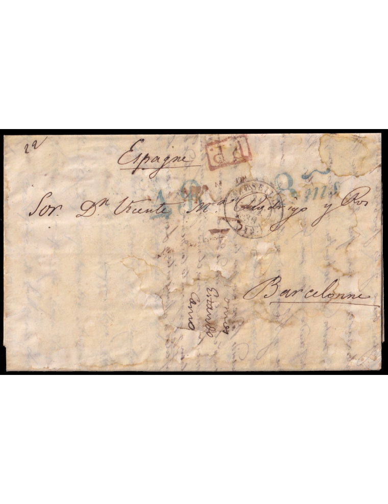 1839 (29 OCT) Marsella (Francia) a Barcelona. Fechador y “P.P.” recuadrado en rojo. Porteo ”4R” y “8ms” (reales/maravedís) en az