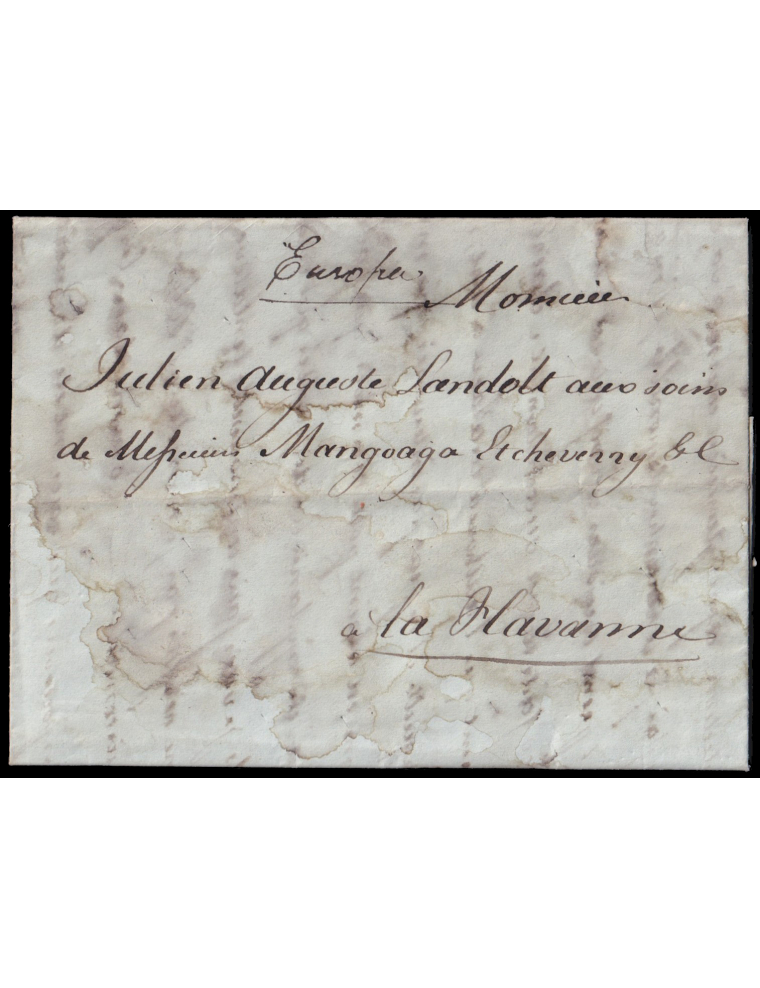 1842 (12 JUN) Berna (Suiza) a La Habana. Sin marcas postales e indicación mns. “Europa”. Carta conducida privadamente con múltip