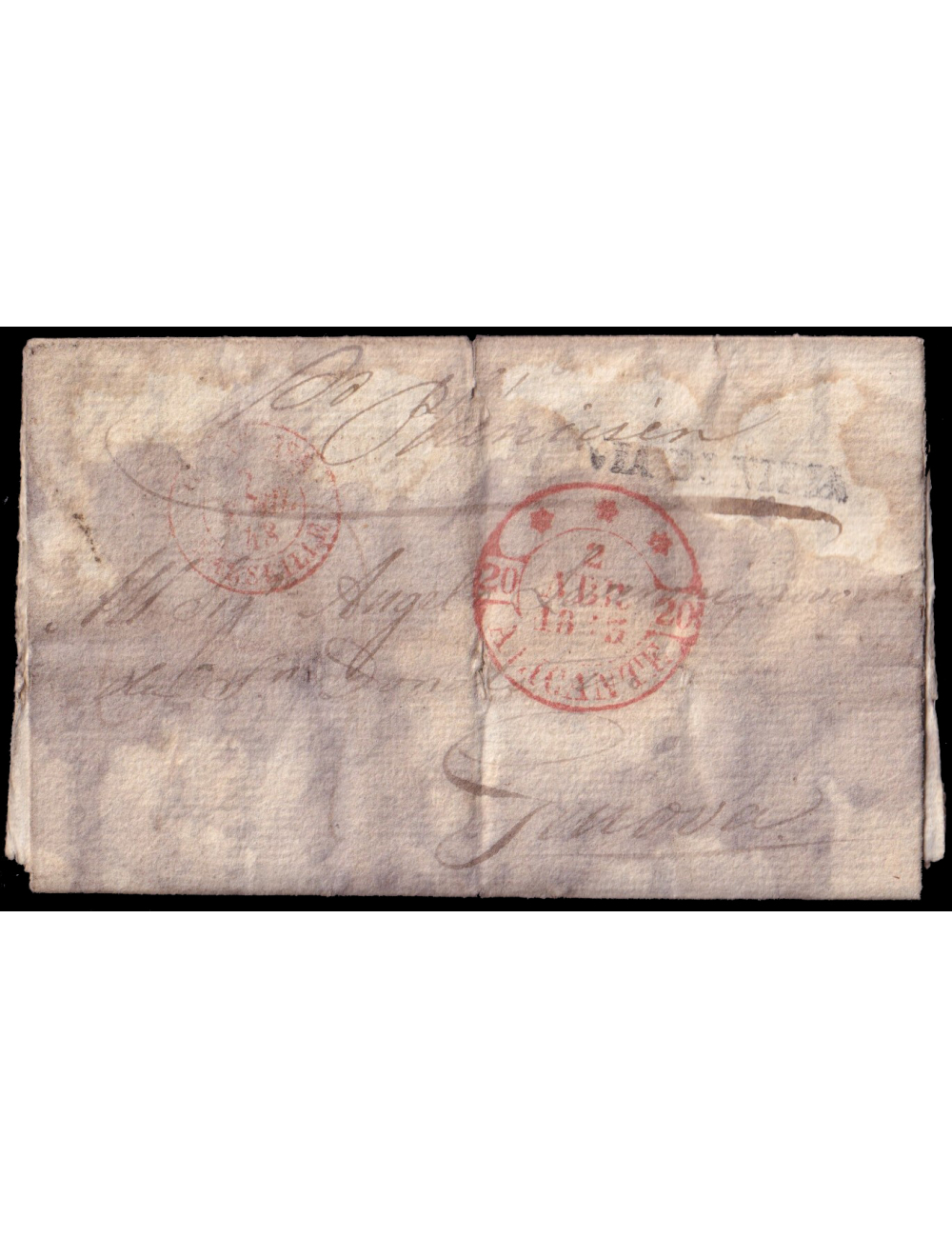 1843 (31 MAR) Alicante a Génova. Fechador de origen y tránsito por Marsella. Marca “VIA DI NIZZA” lineal en negro. Mns. vapor “P