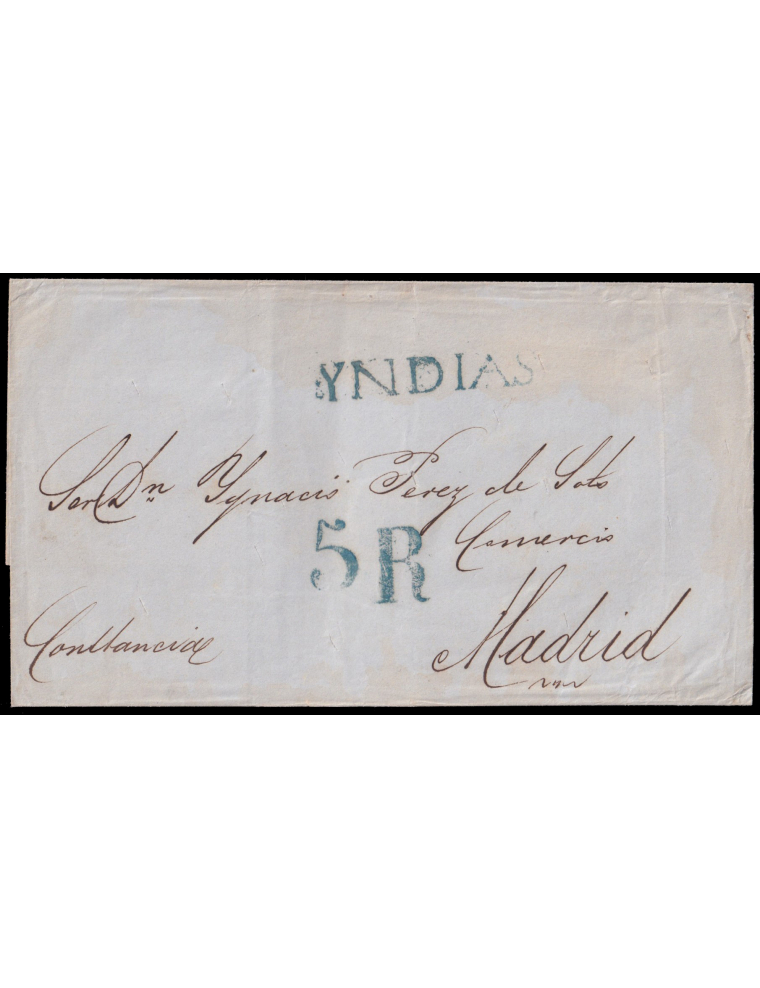 1844. A Madrid. Marca “YNDIAS” (n11) y porteo “5R” ambas en azul de Vigo. Llegada al dorso. Mns. vapor “Constancia”. Múltiples p