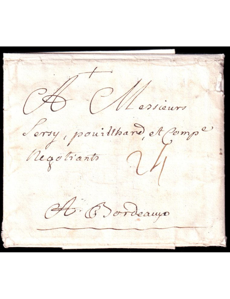 1761 (1 SET) Méjico a Burdeos (Francia). Porteo mns. “24” soles franceses al cursarse por navío francés. Primer testimonio posta