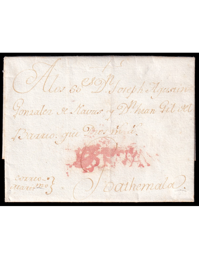 1774 (17 MAY) Cádiz a Guatemala. Marca “ESPAÑA” (n26) doblemente estampada en rojo de La Coruña. Mns. “correo-marítimo”. Rarísim