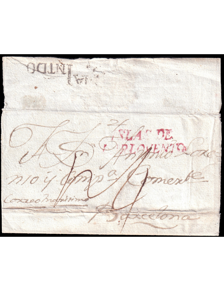 1785 (10 SET) La Habana a Barcelona. Marca “ISLAS DE / BARLOVENTO” (n31) en rojo aguado de La Habana. Porteo mns. “r4” reales y 