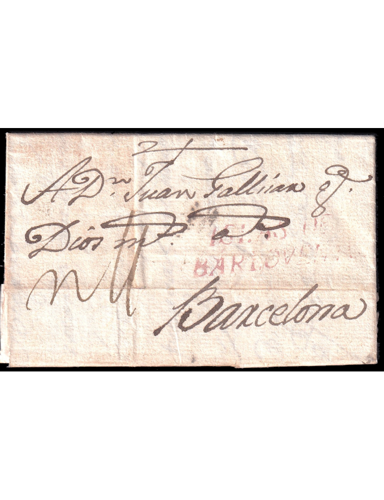 1788 (9 SET) La Habana a Barcelona. Marca “ISLAS DE / BARLOVENTO” (n31) en rojo aguado de La Habana. Porteo mns. “r4” reales. Al