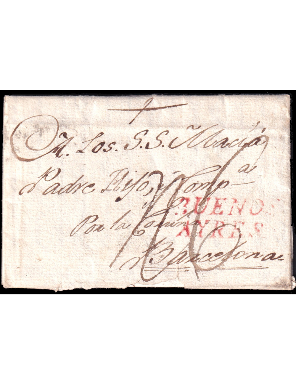 1792 (30 AGO) Buenos Aires (Argentina) a Barcelona. Marca “BUENOS/ AYRES” (n3) en rojo de Buenos Aires. Porteo mns. “r6” reales.