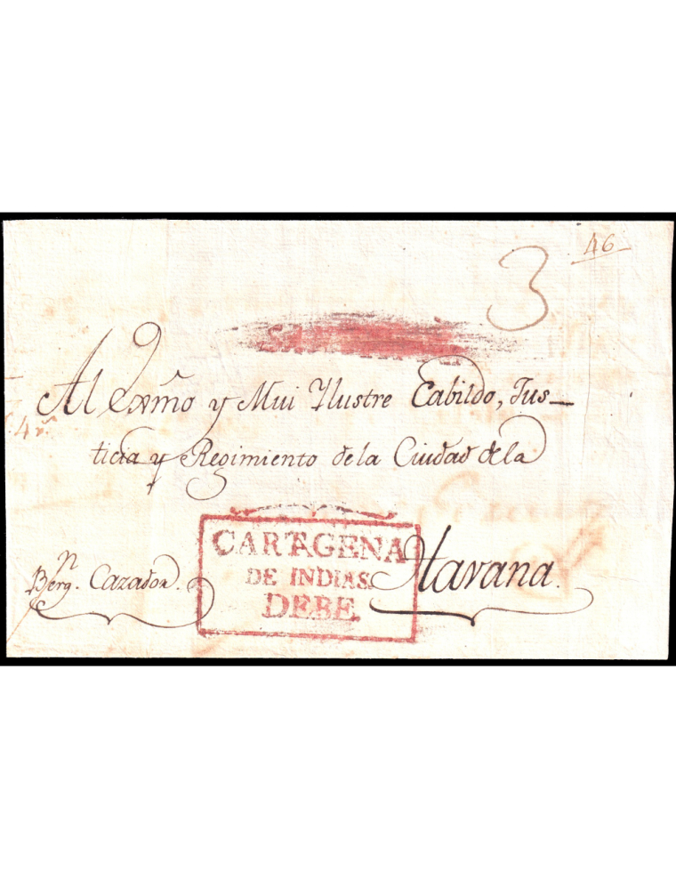 1804 circa. a La Habana. Marca "SANTA FE" tachada en rojo de Bogotá y rectificada por "CARTAGE­NN DE INDIAS/ DEBE" (n.4) recua­d