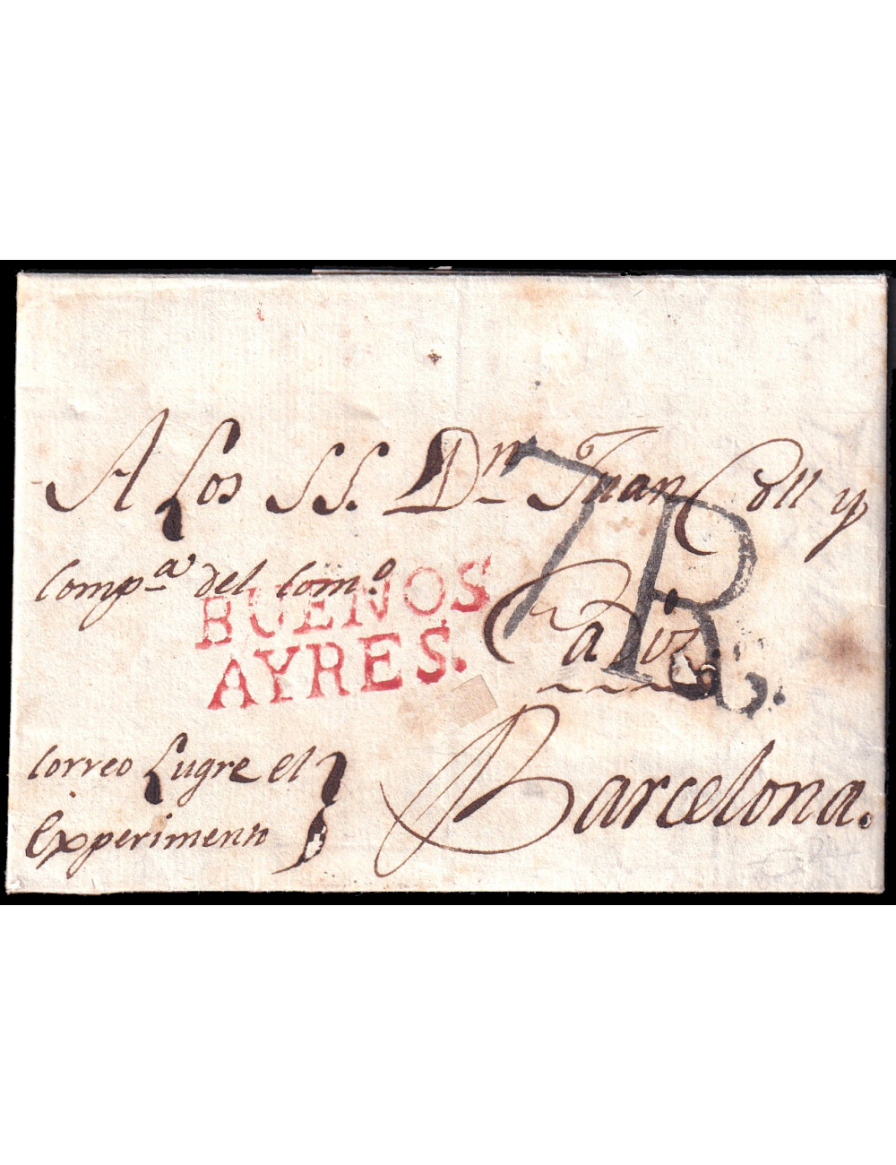 1805 (25 OCT) Buenos Aires (Argentina) a Barcelona. Marca “BUENOS/ AYRES” (n3) en rojo de Buenos Aires. Porteo “7R.” reales en n