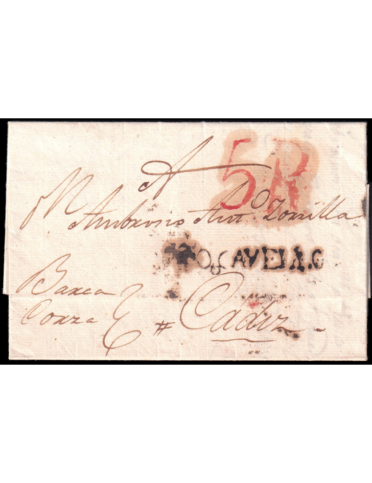 1809 (29 MAR) Caracas (Venezuela) a Cádiz. Marca “PTOO CAVELLO” (n1) lineal en negro aceitoso de Puerto Cabello. Porteo “5R” rea