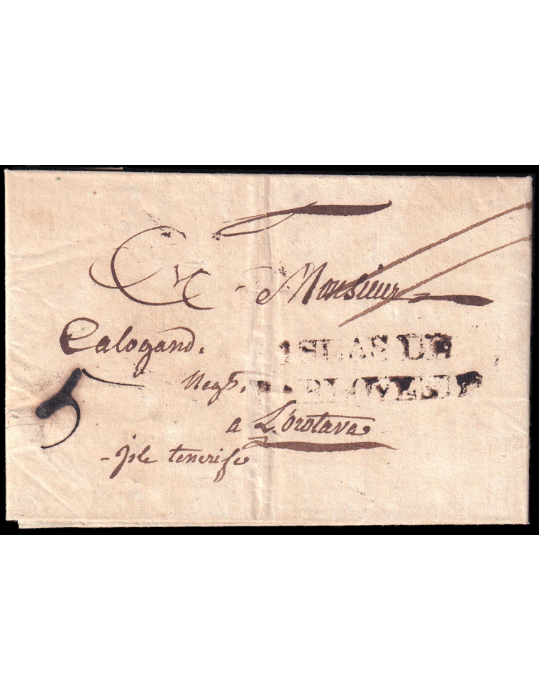 1820 (21 JUN) Marsella (Francia) a La Orotava (Canarias). Marca “ISLAS DE/ BARLOVENTO” en tinta de escribir de Barcelona o Cádiz