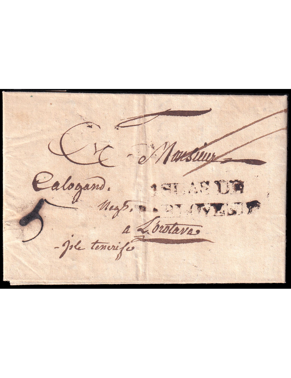 1820 (21 JUN) Marsella (Francia) a La Orotava (Canarias). Marca “ISLAS DE/ BARLOVENTO” en tinta de escribir de Barcelona o Cádiz