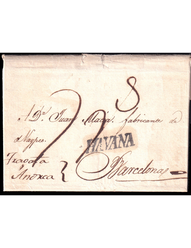 1824 (24 OCT) La Habana a Barcelona. Marca “HAVANA” (n11) lineal en negro aceitoso de La Habana. Porteo mns. “7rs” reales y “Fra