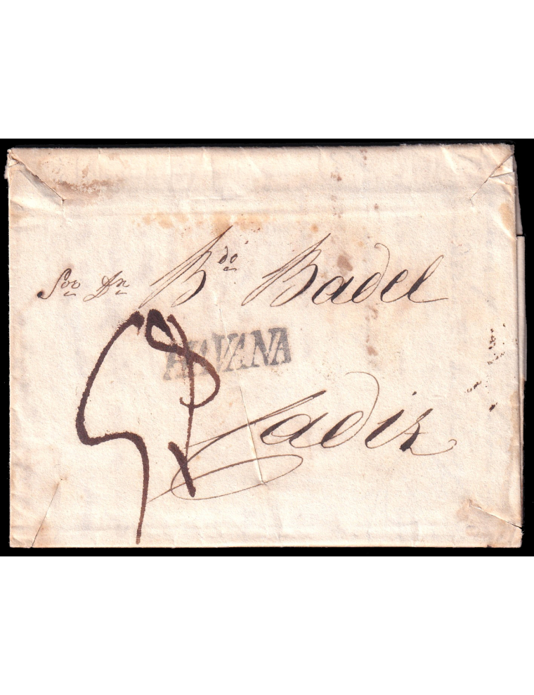 1824 (30 NOV) Guatemala a Cádiz. Marca “HAVANA” (n11) lineal en negro de La Habana. Porteo mns. “5rs” reales. Cuatro cortes obli