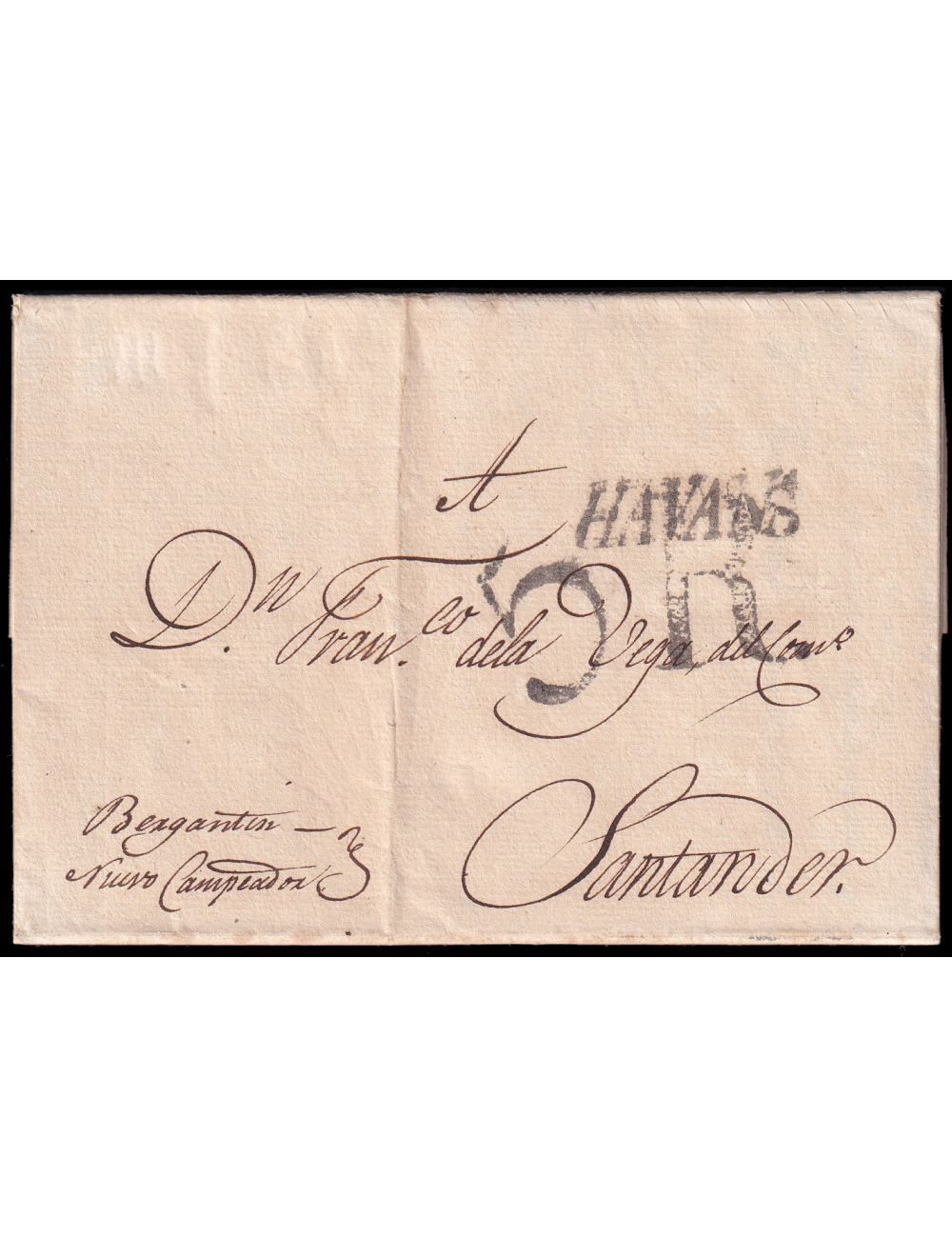 1828 (31 MAR) La Habana a Santander. Marca “HAVANA” (n11) lineal en negro de La Habana. Porteo “5RS.” en negro de Santander. Mns