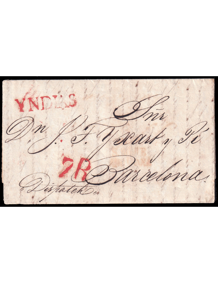 1829 (1 AGO) Bahía (Brasil) a Barcelona. Marca “YNDIAS” (n92) y porteo “7R” reales ambas en rojo de Barcelona. Tenue marca de Sa