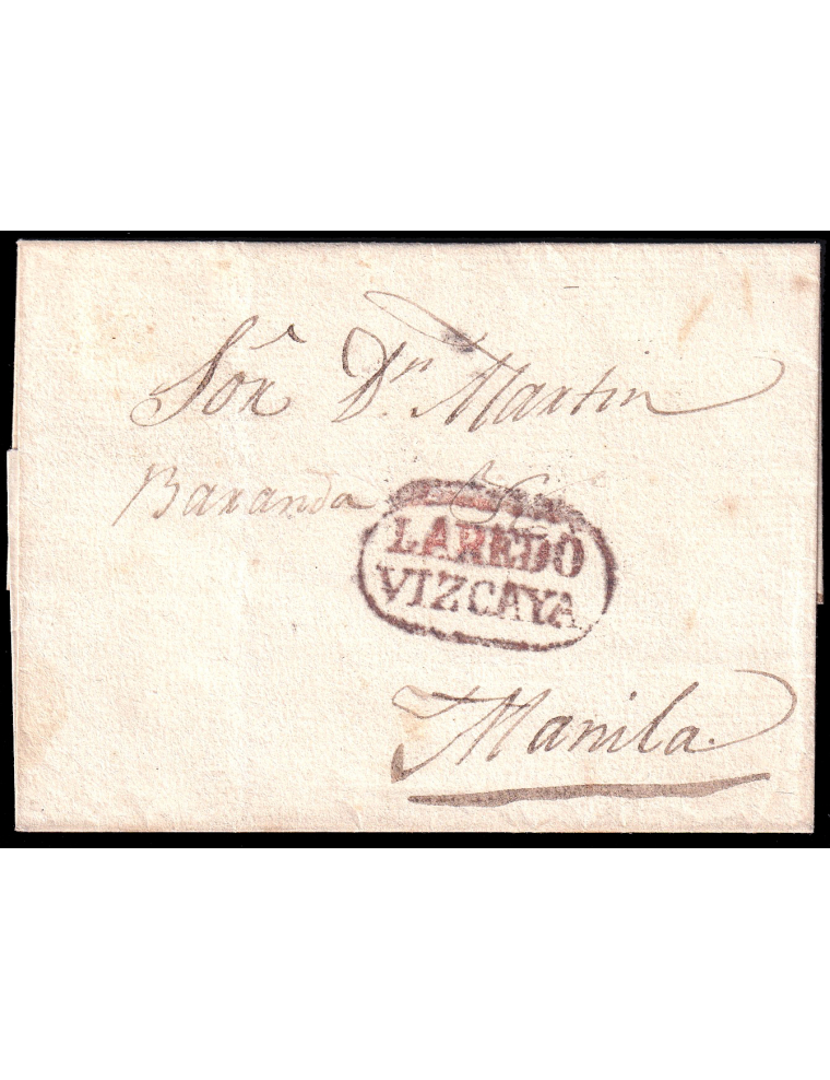 1837 circa. a Manila (Filipinas). Marca “LAREDO/ VIZCAYA” (n6) recercada en rojo oxidado de Laredo. Sin porteos. Rarísima envuel