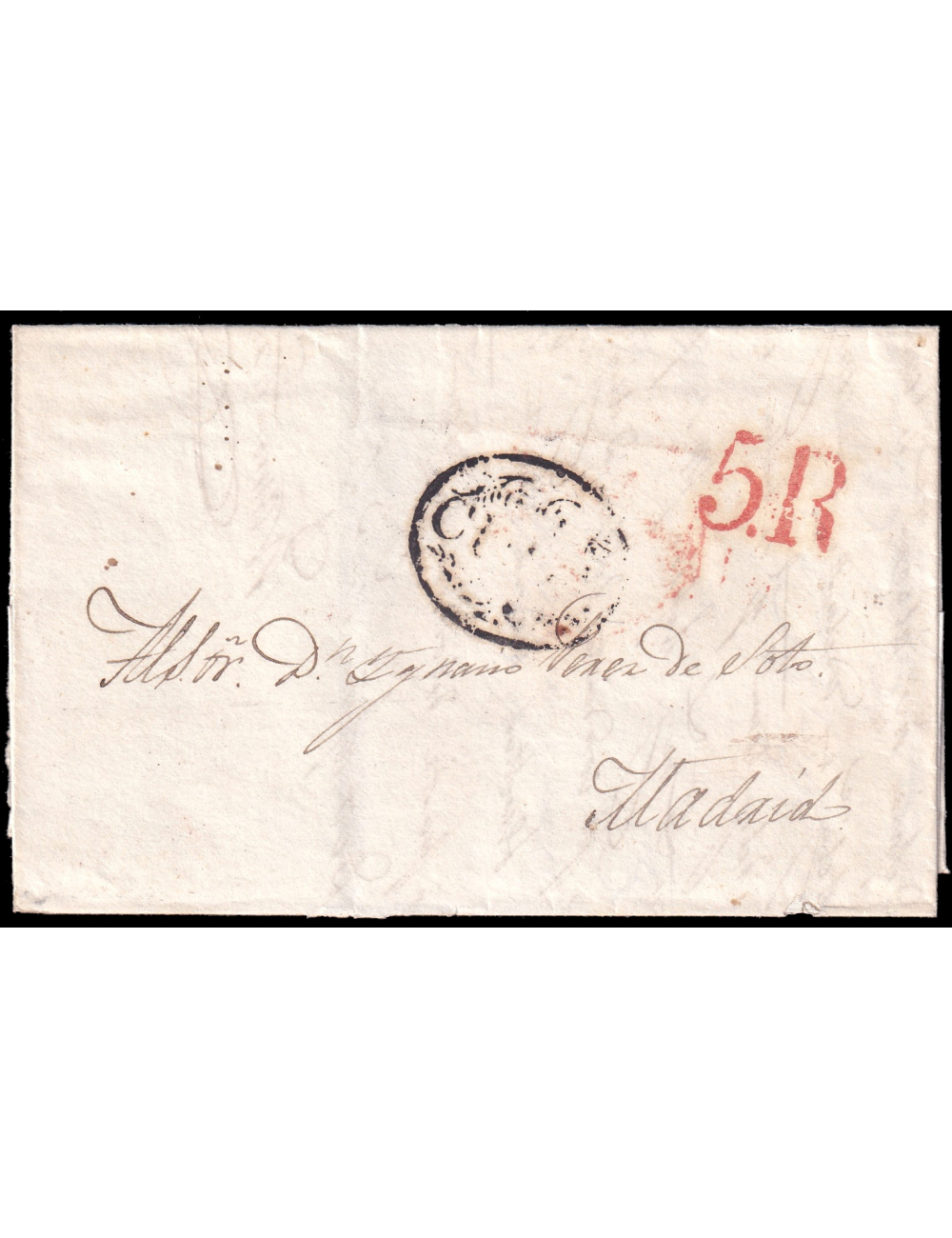 1837 (30 OCT) Panamá a Madrid. Marca “CUBA” (n4) adornada en negro de Santiago. Porteo “5.R” reales en rojo de Madrid. Al dorso 