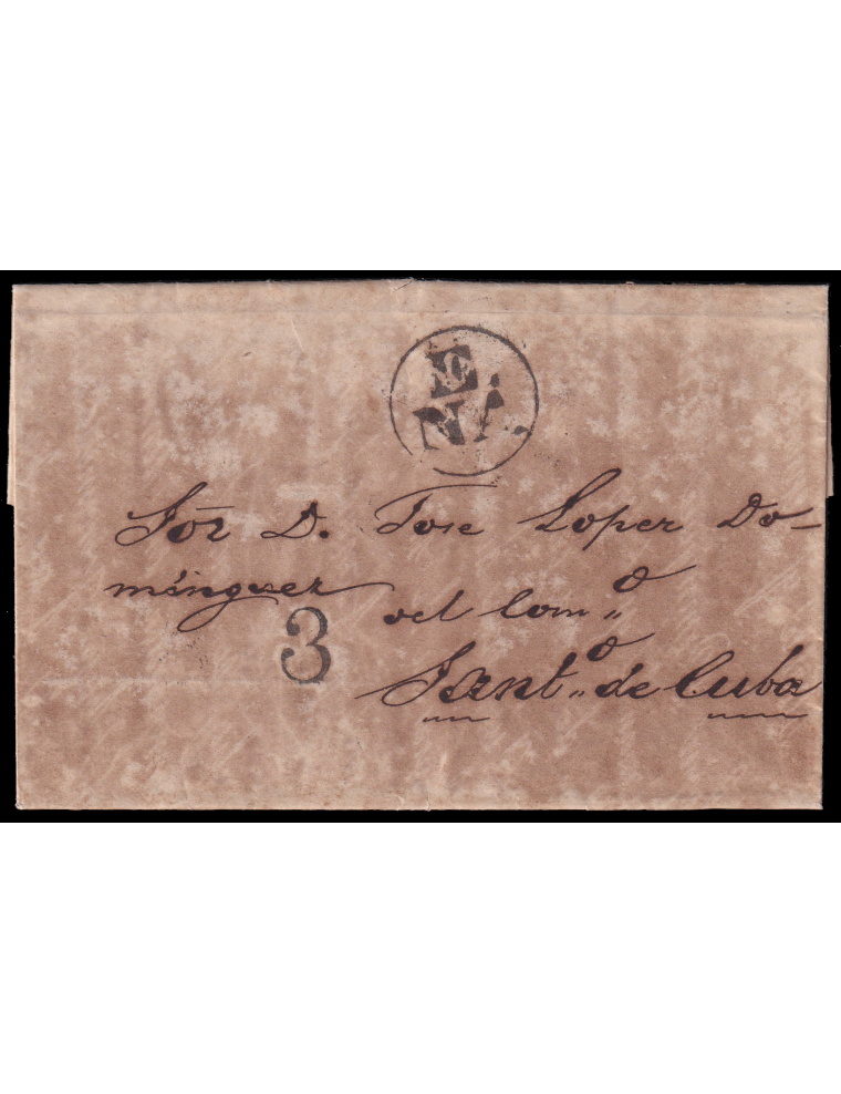 1838 (8 SET) Nueva Orleans (Estados Unidos) a Santiago de Cuba. Marca “E/NA.” (n66) – Empresa Norte América- recercada en negro 