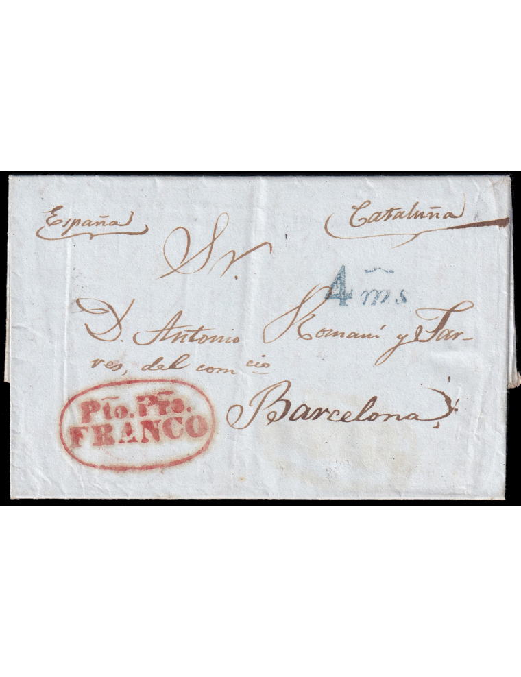 1840 (8 NOV) Puerto Príncipe (Cuba) a Barcelona. Marca “PTO. PRE./ FRANCO” (n5) recercada en rojo aceitoso de Puerto Príncipe. S