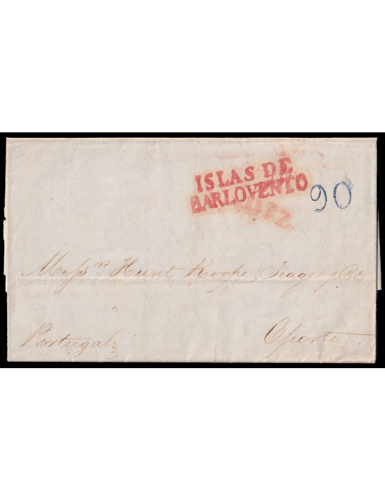 1841 (29 FEB) Nápoles (Italia) a Oporto (Portugal). Marcas “ISLAS DE/ BARLOVENTO” y “CADIZ” (n65 y29) ambas en rojo de Cádiz. Po