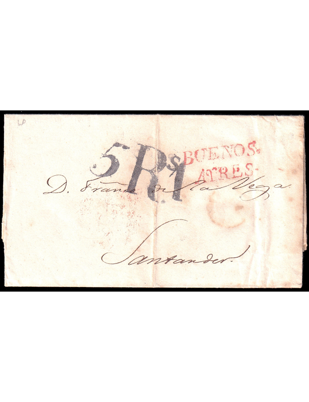 1843 (5 ENE) La Habana a Santander. Marca “BUENOS/ AYRES” (n53) en rojo de Cádiz. Porteo “5R.S1”reales/cuartos en negro de Santa