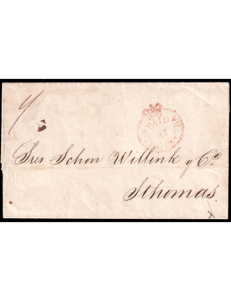 1844 (19 MAR) Santiago de Cuba a Saint Thomas. Marca “PAID/ AT/ST.JAGO DE CUBA” (n20) coronado en rojo de la agencia postal ingl