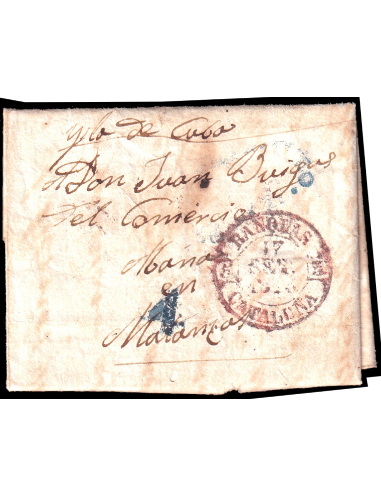 1844 (24 SET) Sant Vicenç de Camós (Girona) a Matanzas (Cuba). Fechador en rojo de Banyoles y marca “CORREO MARITIMO N…”poco leg