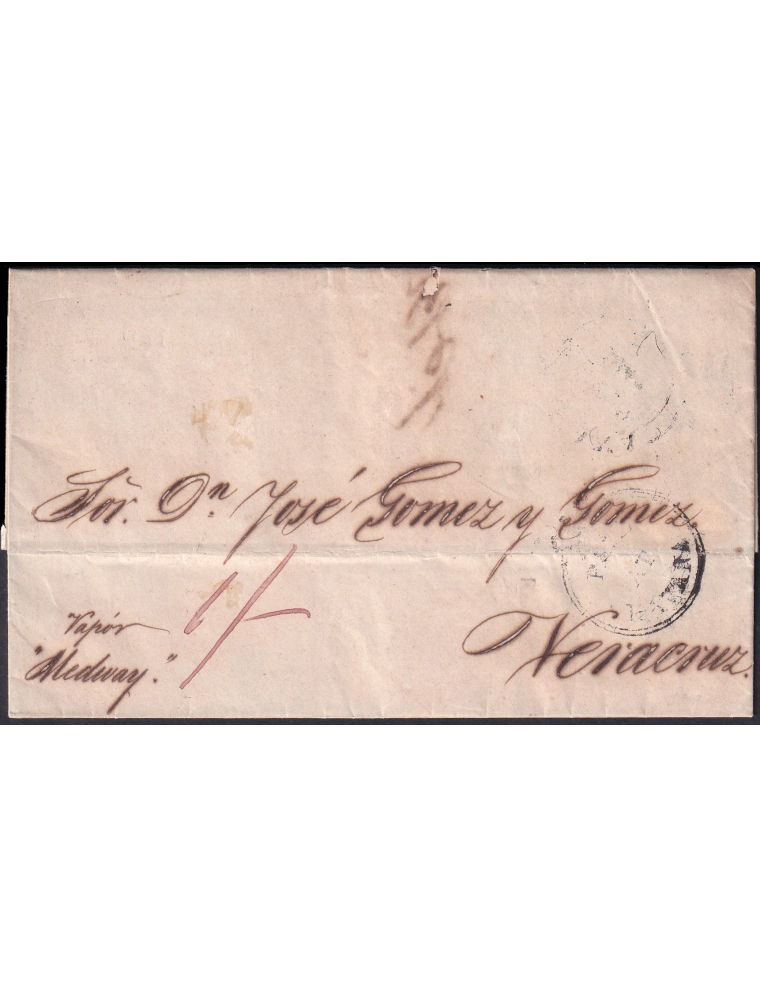 1847 (9 MAY) La Habana a Veracruz. Marca “PAID/ AT/HAVANA” (n74) coronada en negro de la agencia postal inglesa. Al dorso fechad