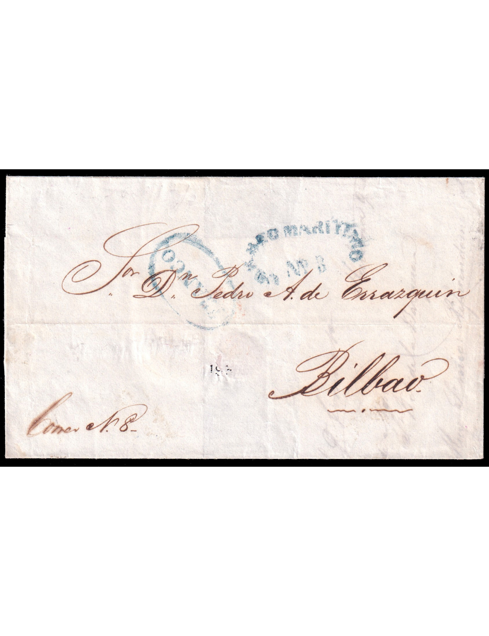 1848 (9 AGO) La Habana a Bilbao. Marca San Sebastián. Marca “FRANCO.” recercada y “CORREO MARITIMO N8” (n22 y51) en azul. Mns. “