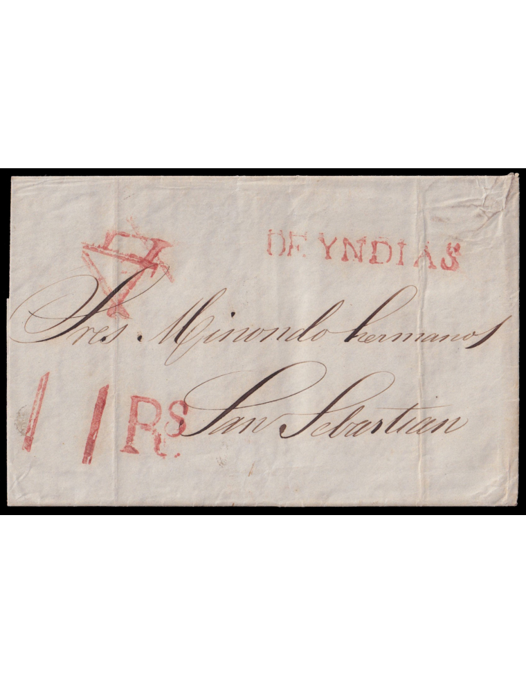 1850 (17 FEB) La Guayra (Venezuela) a San Sebastián. Marca “DE YNDIAS” (n23) en rojo de Santander. Porteo “7” reales tachado y r