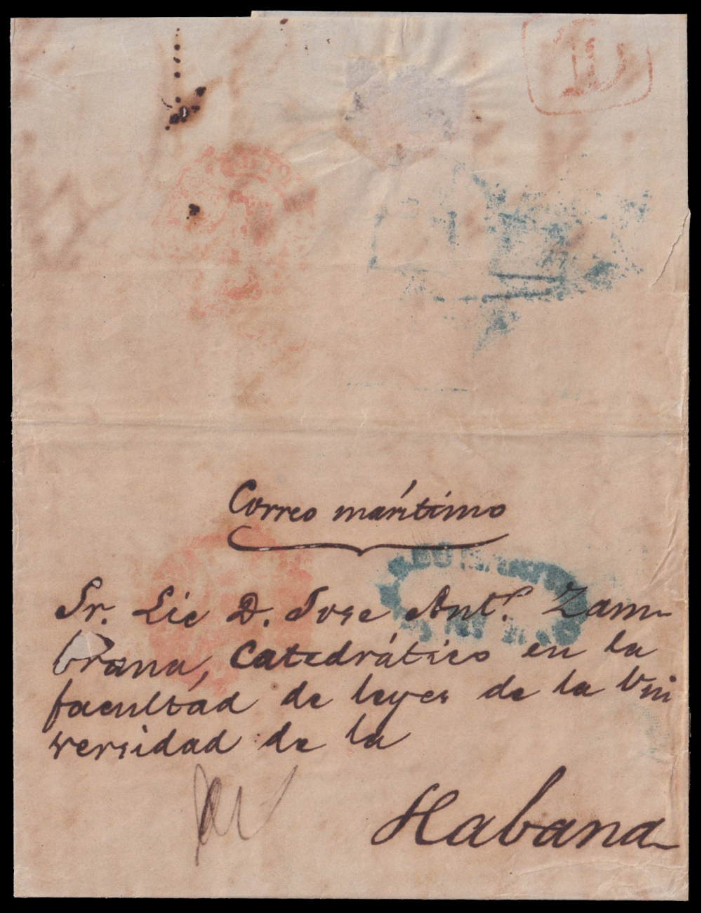 1851 circa. Madrid a La Habana. Fechador de origen y marca “CORREO MARITIMO N4” (n47) en azul. Al dorso marca “D” recuadrada en 