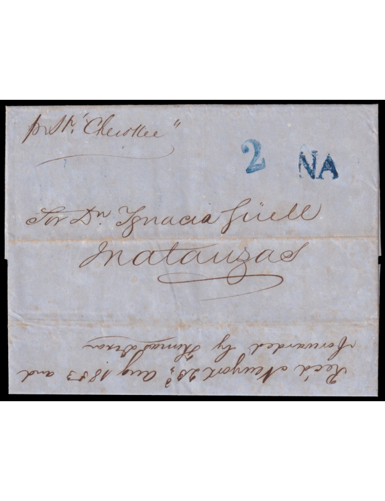 1853 (12 AGO) Birmingham (Inglaterra) a Matanzas (Cuba). Marca “NA” (Norte América) en azul de tipo inédito. Porteo “2” reales e