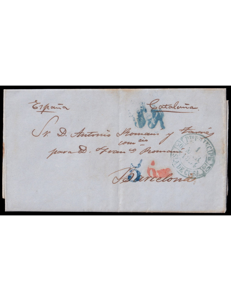 1854 (1 MAR) Puerto Príncipe (Cuba) a Barcelona. Fechador en azul y porteo “5” reales en azul de La Habana y “5R” en azul de Bar