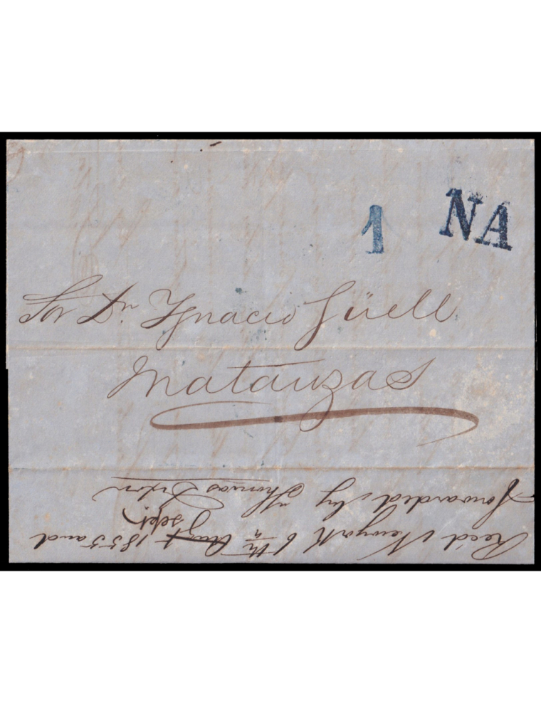 1855 (17 AGO) Birmingham (Inglaterra) a Matanzas (Cuba). Marca “NA” (Norte América) en azul de tipo inédito. Porteo “1” real en 