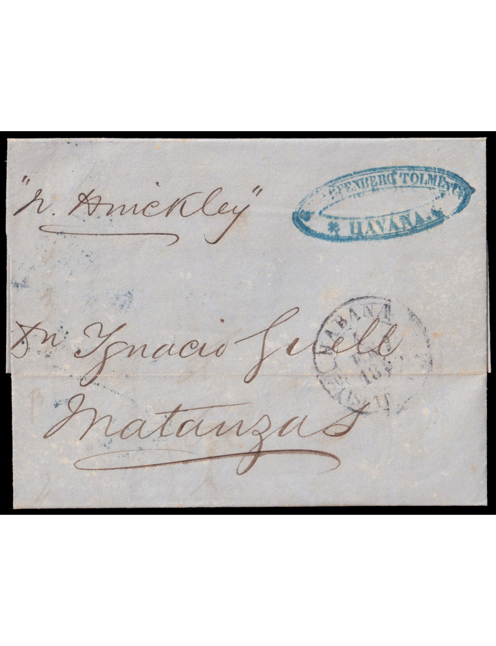 1855 (28 NOV) Birmingham (Inglaterra) a Matanzas (Cuba). Fechador en negro y marca del encaminador “PFENBERG TOLME Y CA” en azul