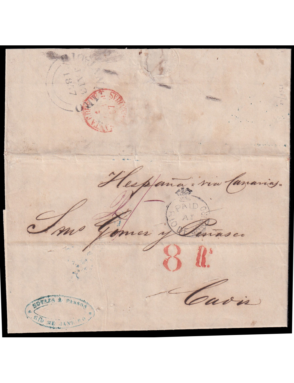 1857 (2 ENE) Rio Grande (Brasil) a Cádiz. Marca “PAID/ AT/ RIO DE JANEIRO” coronada en negro. Porteo mns. dos chelines y “8R.S” 