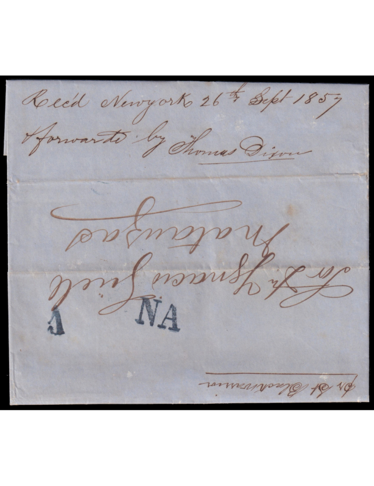 1857 (11 SET) Birmingham (Inglaterra) a Matanzas (Cuba). Marca “NA” (Norte América) en azul muy oscuro de tipo inédito. Porteo “