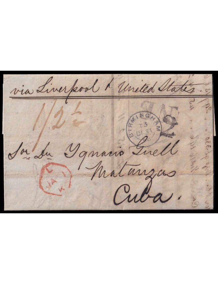 1858 (31 DIC) Birmingham (Inglaterra) a Matanzas (Cuba). Marca “NE” (Norte Europa) en negro de tipo inédito. Porteo “2” reales e