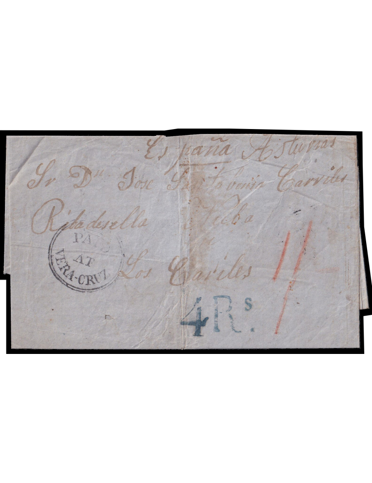 1861 (1 JUL) Veracruz (Méjico) a Los Carriles (Asturias). Marca “PAID/ AT/ VERA- CRUZ” coronado en negro. Porteo mns. en rojo de