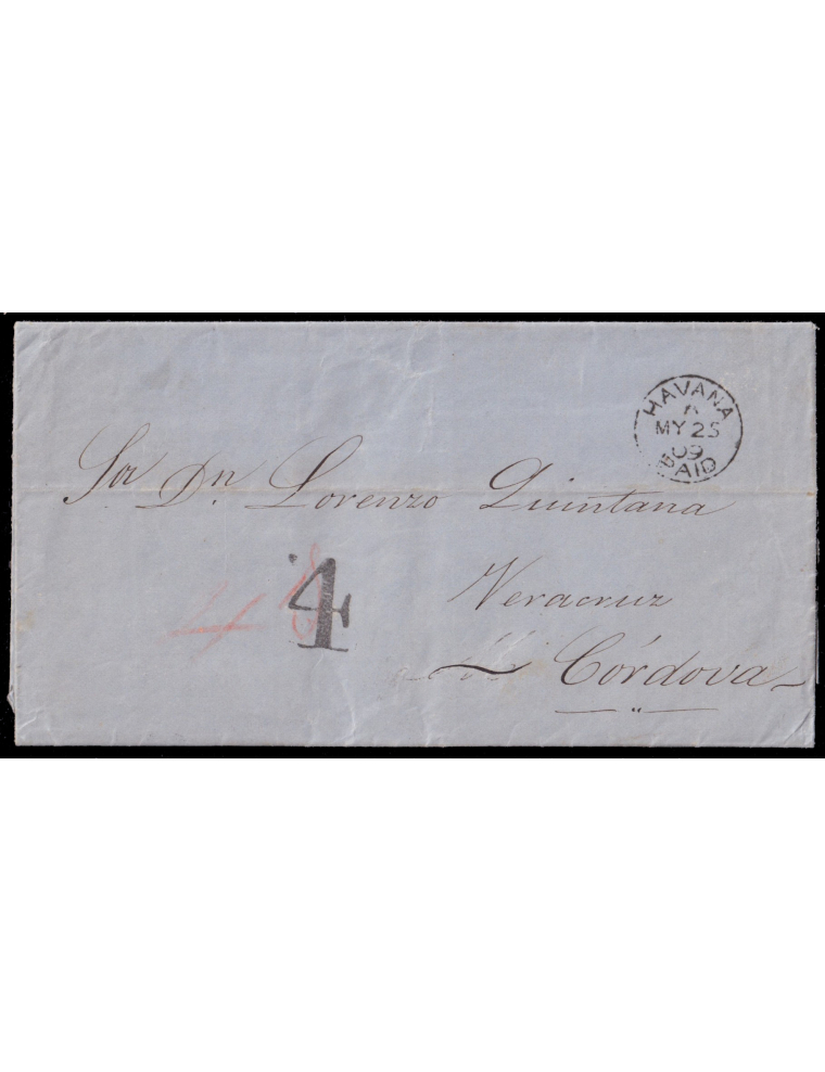 1869 (24 ABR) Santander a Córdoba (Méjico). Fechador inglés “HAVANA/ PAID” (n79) en negro. Porteo mejicano “4” reales. Rarísima 