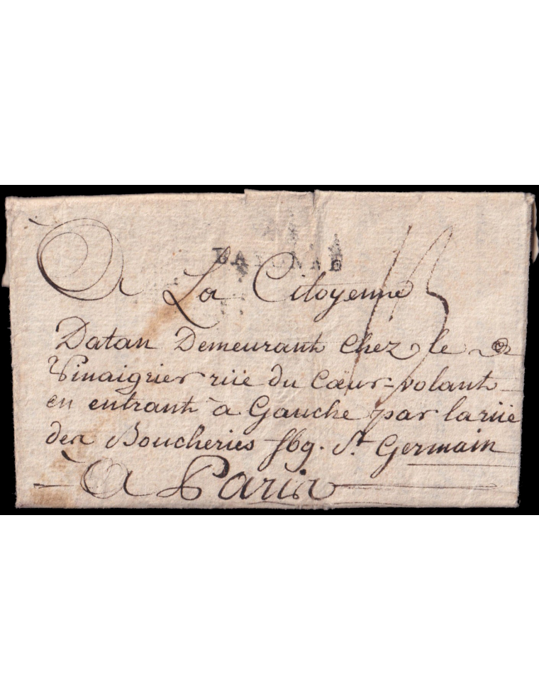 1794 (24 AGO) San Sebastián a París. Marca “64/ BAYONNE” en negro. Porteo mns. “13” décimas. Interesante y extensa carta (se adj