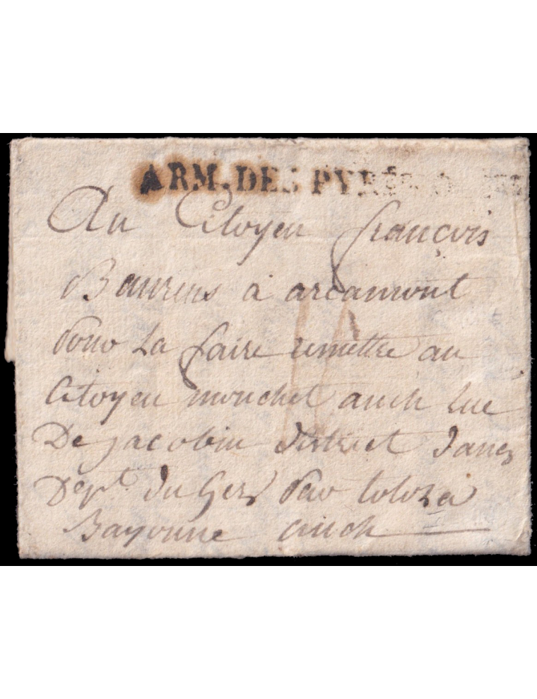 1795 (31 JUL) “Au coté de Miranda”(de Ebro Burgos) a Bayona (Francia). Marca “ARM. DES PYRÉES OCLES” (VII-26). Interesante y rar