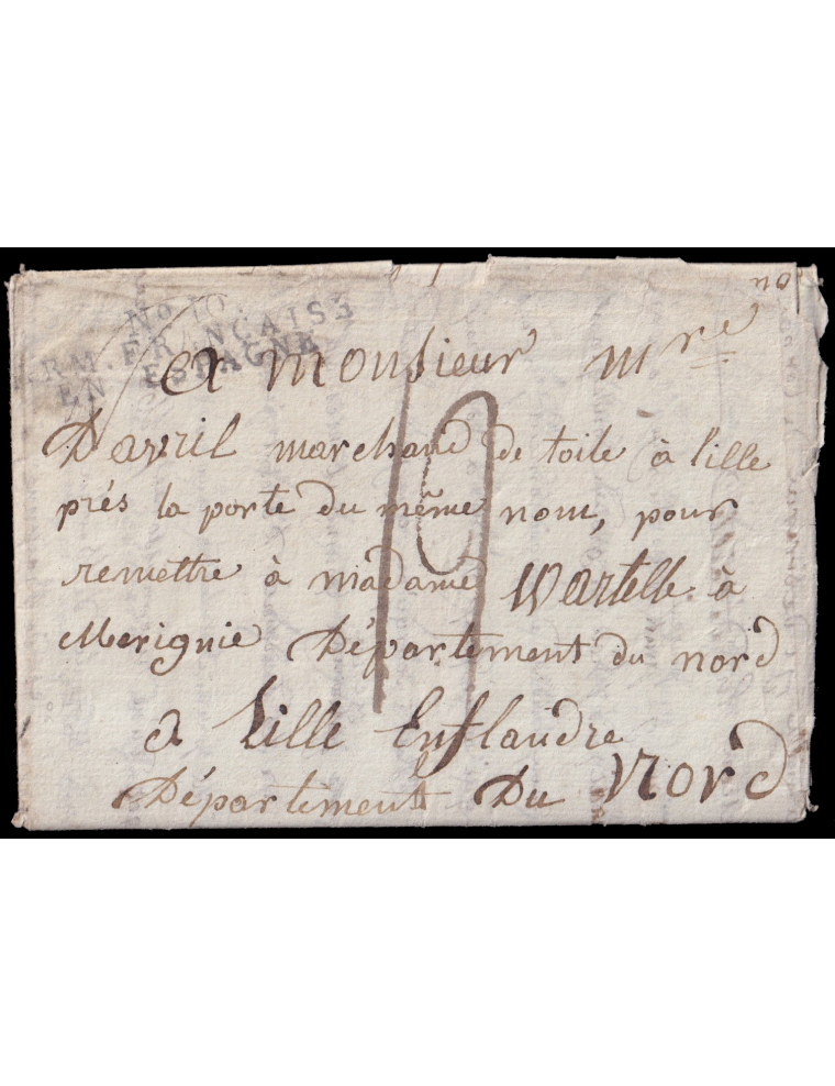 1809 (28 JUN) Toledo a Lille (Flandes Bélgica). Marca “N10 /ARM. FRANÇAISE/ EN ESPAGNE” (IX-115) en negro. Porteo mns. “12” déci