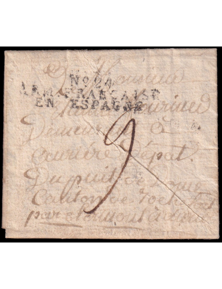 1810 (23 MAY) Sevilla a París (Francia). Marca “N19 /ARM. FRANÇAISE/ EN ESPAGNE” (IX-129) en rojo oxidado. Porteo mns. “11” déci