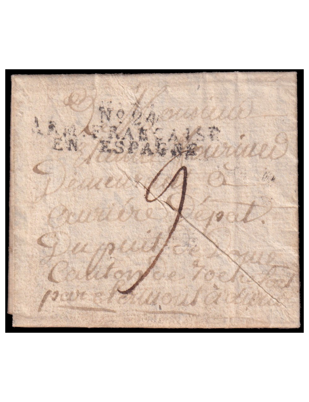 1810 (23 MAY) Sevilla a París (Francia). Marca “N19 /ARM. FRANÇAISE/ EN ESPAGNE” (IX-129) en rojo oxidado. Porteo mns. “11” déci