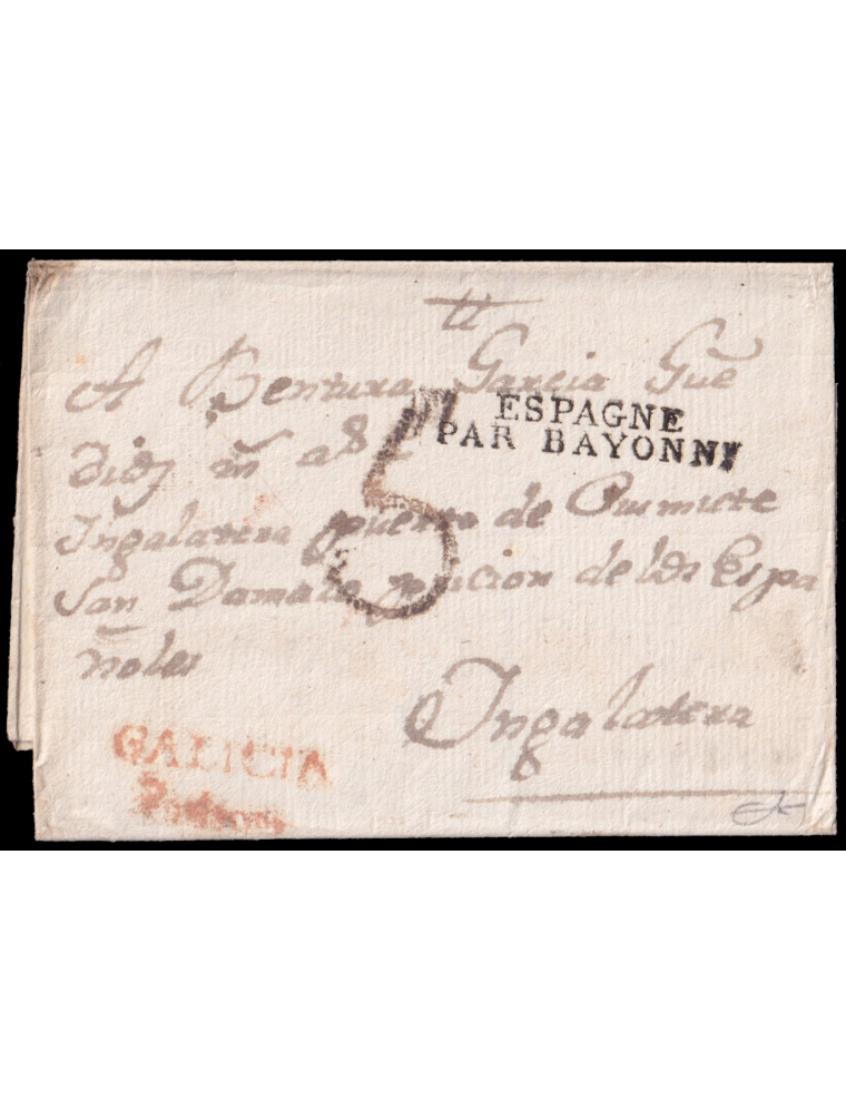 1810 circa. Padrón a Inglaterra. Marca “GALICIA/ Padron” (n3) en rojo de Padrón. Marca de frontera en negro de Bayona y porteo “