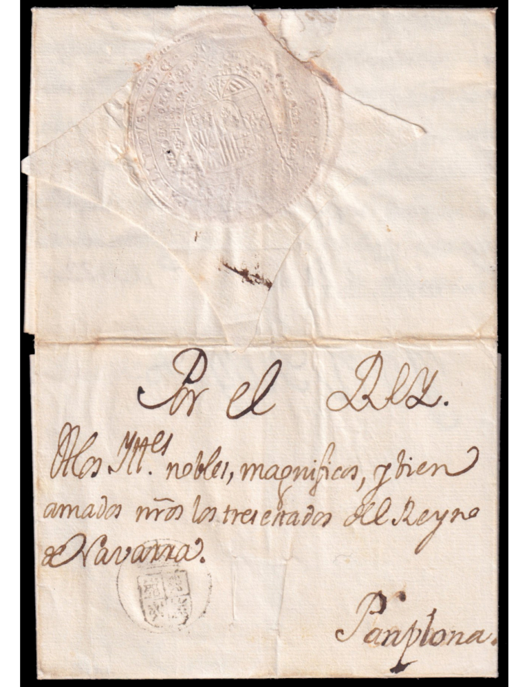 1732 (24 SET) Sevilla a Pamplona. Carta Real Fda. “Yo El Rey” (Felipe V) con indicación mns. “Por El Rey” y sello negro (n31) en