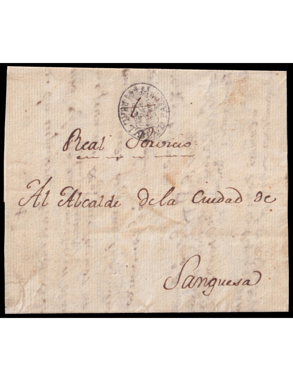 1809 (OCT) Madrid a Sanguesa (Navarra). Sello negro “REAL TABLA DE…” ¿PARTE? recercado en negro de 23 milímetros de tipo inédito