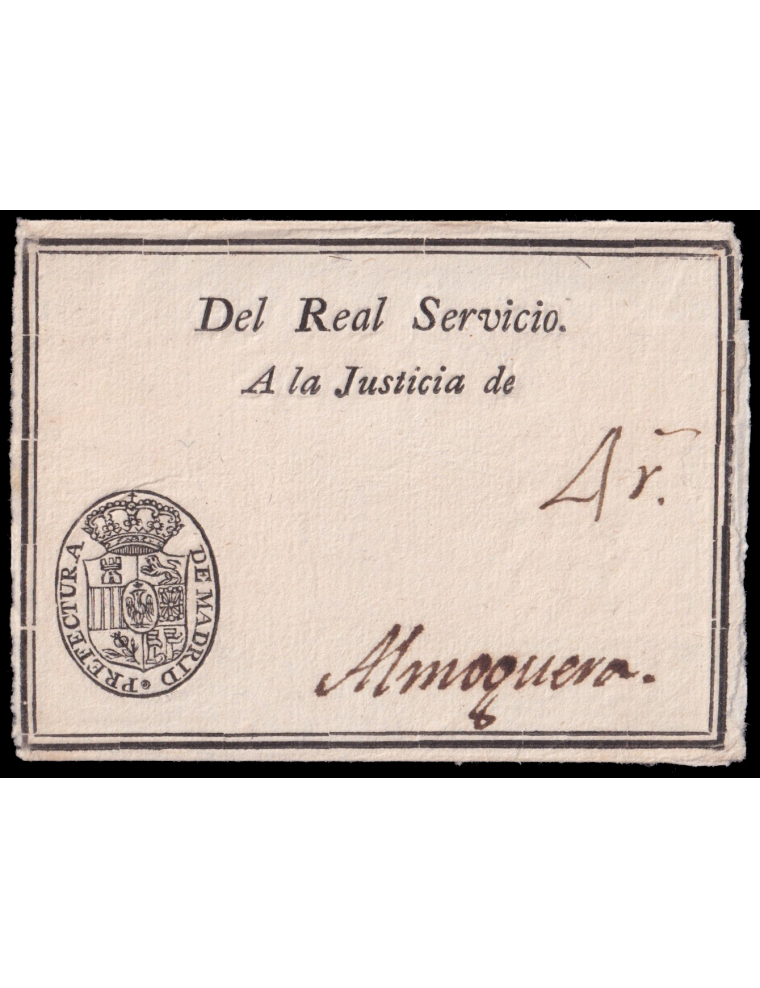 1810 circa. Madrid a Almoguera (Guadalajara). Sobre completo preimpreso del Real Servicio con sello negro (n57). Porteo mns. “4”