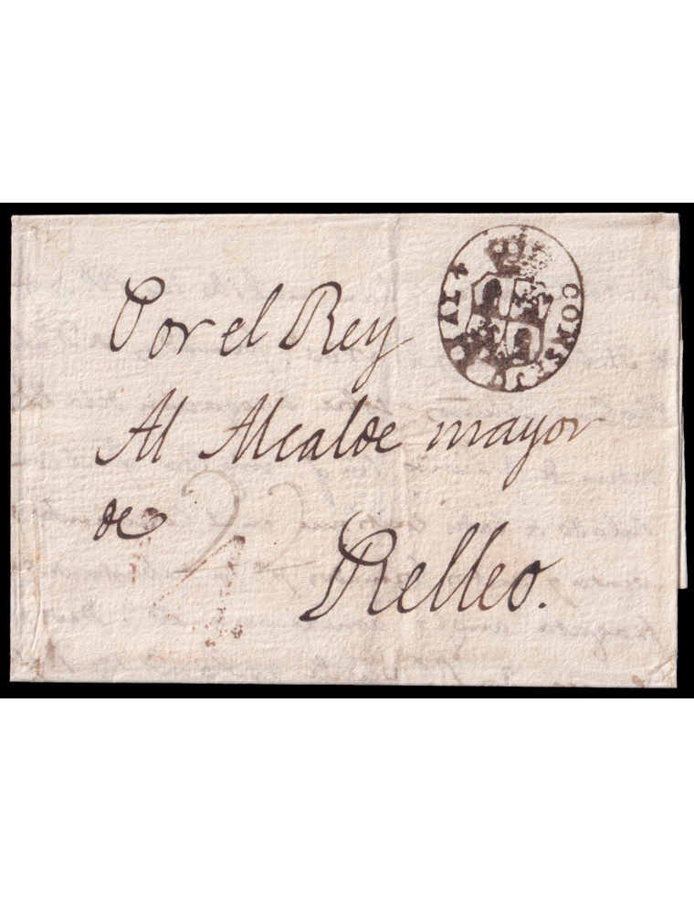 1818 (DIC) Madrid a Relleu (Valencia). Sello negro (n55) en tinta de escribir y mns. “Por el Rey” y pese a ello porteada con “22